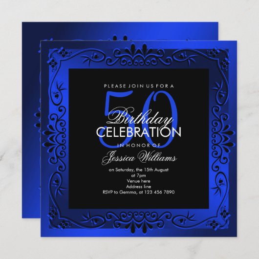 Invitation Bleu Classique Décoratif encadré 50e anniversaire (Devant / Derrière)