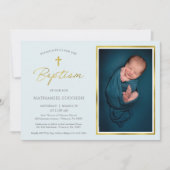Invitation Bleu classique et script d'or Boy Photo Baptême (Devant)