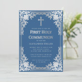 Invitation Bleu Classique Fausse Croix Argentée Garçon Premiè (Debout devant)