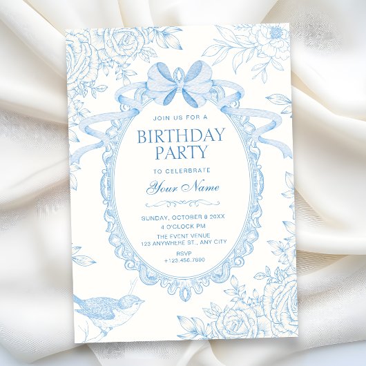 Invitation Bleu Classique floral bow botanique anniversaire