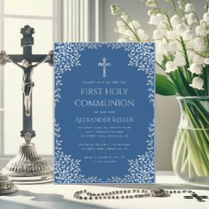 Invitation Bleu Classique Vintage Feuilles Garçon Première Co