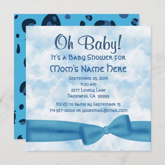 Invitation Bleu Clouds Bow et Leopard Baby Boy Show (Devant / Derrière)