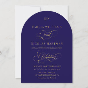 Invitation Bleu cobalt et monogramme doré Élégant mariage