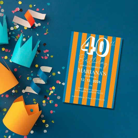 Invitation Bleu Cobalt & Rayures Orange Moderne 40e Anniversa