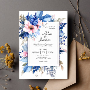Invitation Bleu Cobalt Rose Bohème Chic Floral Élégant Mariag