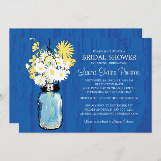 Invitation Bleu Cobalt Rustic Mason Jar et marguerites jaunes (Devant / Derrière)