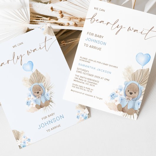 Invitation Bleu Coeur Bearly Wait Baby shower