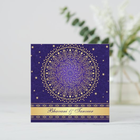 Invitation Bleu complexe, Rouleaux Or Étoiles Mariage Inviter (Debout devant)