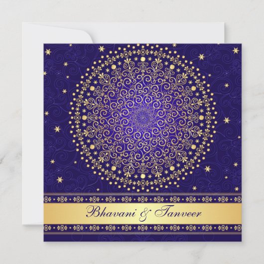 Invitation Bleu complexe, Rouleaux Or Étoiles Mariage Inviter (Devant)