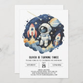 Invitation Bleu Cosmique Cute Astronaut garçon Anniversaire (Devant / Derrière)
