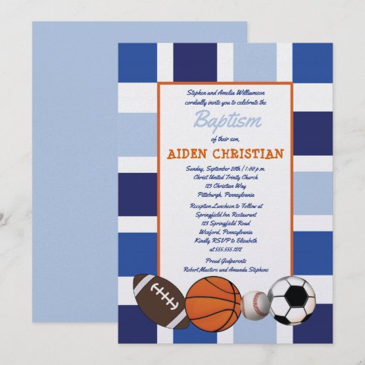 Invitation Bleu Couleur Blocage Sports Garçon Baptême (Devant / Derrière)