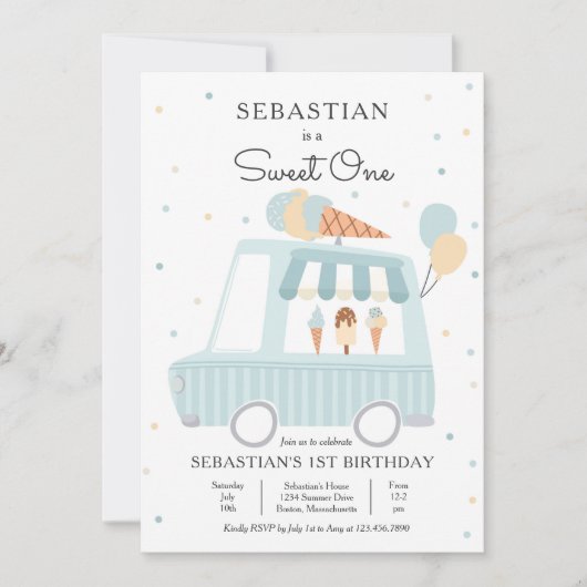 Invitation Bleu crème glacée Camion Sweet Un 1er anniversaire (Devant)