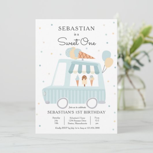 Invitation Bleu crème glacée Camion Sweet Un 1er anniversaire (Debout devant)
