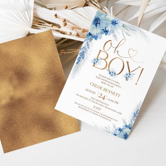 Invitation Bleu Cuivre Boho Pampas Grass Oh Boy Baby shower