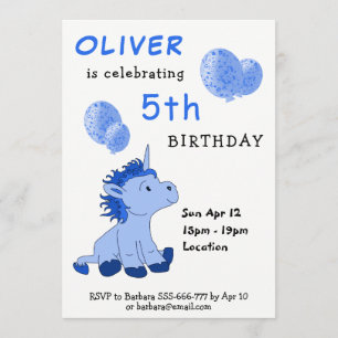 Invitation Bleu Cute Unicorn Balloons Boy's Birthday Party