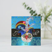 INVITATION BLEU DAMAS , HIBOU JOYAU , CHAPEAU DE LUTIN , PLUM (Debout devant)