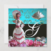 INVITATION BLEU DAMASK BEACH MARIAGE - MONOGRAM FÊTE DES MARI (Devant)