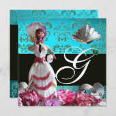 INVITATION BLEU DAMASK BEACH MARIAGE - MONOGRAM FÊTE DES MARI (Devant / Derrière)