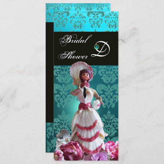 INVITATION BLEU DAMASK BEACH MARIAGE - MONOGRAM FÊTE DES MARI (Devant / Derrière)