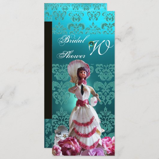 INVITATION BLEU DAMASK BEACH MARIAGE - MONOGRAM FÊTE DES MARI (Devant / Derrière)