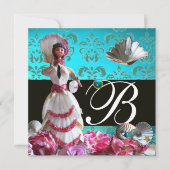 INVITATION BLEU DAMASK BEACH MARIAGE - MONOGRAM FÊTE DES MARI (Devant)