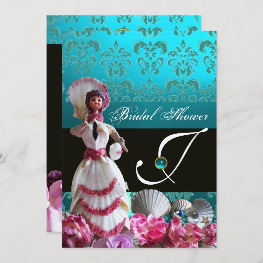 INVITATION BLEU DAMASK BEACH MARIAGE - MONOGRAM FÊTE DES MARI (Devant / Derrière)