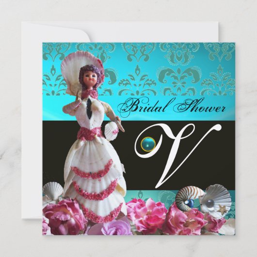 INVITATION BLEU DAMASK BEACH MARIAGE - MONOGRAM FÊTE DES MARI (Devant)