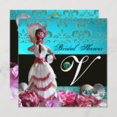 INVITATION BLEU DAMASK BEACH MARIAGE - MONOGRAM FÊTE DES MARI (Devant / Derrière)