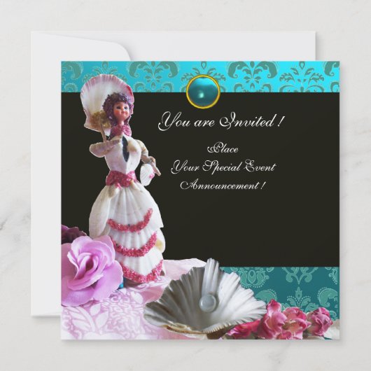 INVITATION BLEU DAMASK BEACH MARIAGE - MONOGRAM FÊTE DES MARI (Dos)