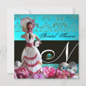 INVITATION BLEU DAMASK BEACH MARIAGE - MONOGRAM FÊTE DES MARI (Devant)