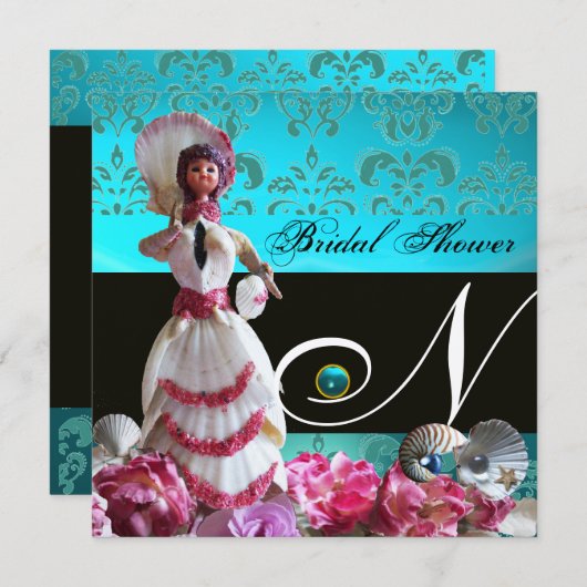 INVITATION BLEU DAMASK BEACH MARIAGE - MONOGRAM FÊTE DES MARI (Devant / Derrière)