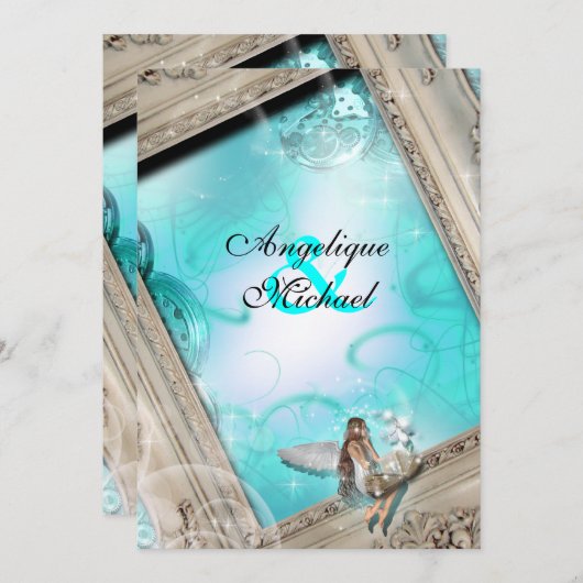 Invitation Bleu d'aqua mariage de Fairytale (Devant / Derrière)