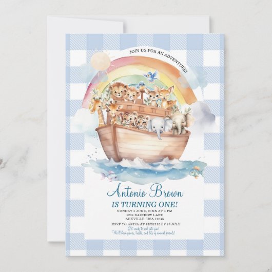 Invitation Bleu d'Arche En vichy de Cute Noah Premier anniver (Devant)