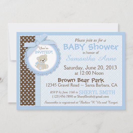 Invitation Bleu de baby shower de bébé d'ours de nounours (Dos)