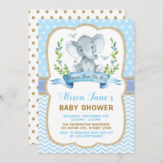 Invitation Bleu de baby shower d'éléphant de garçon et (Devant / Derrière)
