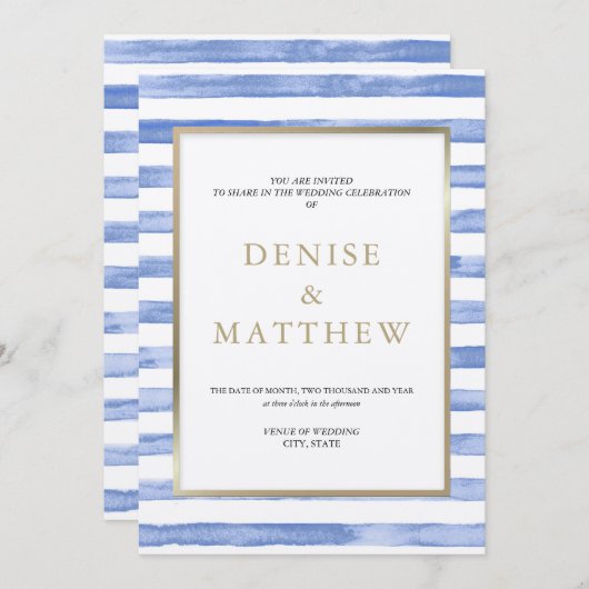 Invitation Bleu de barbeau aquarelle rayure et lettrage doré (Devant / Derrière)