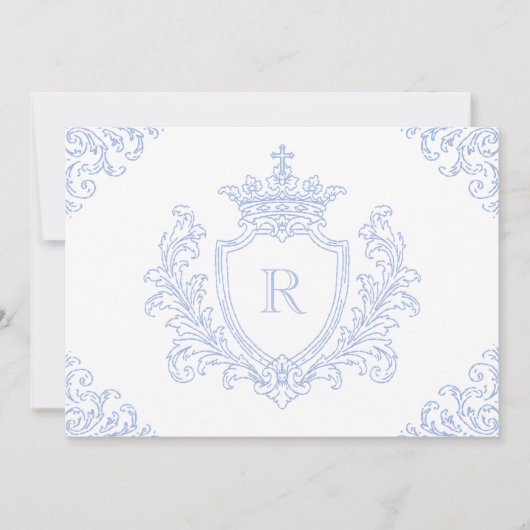 Invitation Bleu de blason de baptême catholique initial (Devant)
