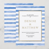 Invitation Bleu de Centaurée Aquarelle Rayure & Lettres Dorée (Devant / Derrière)