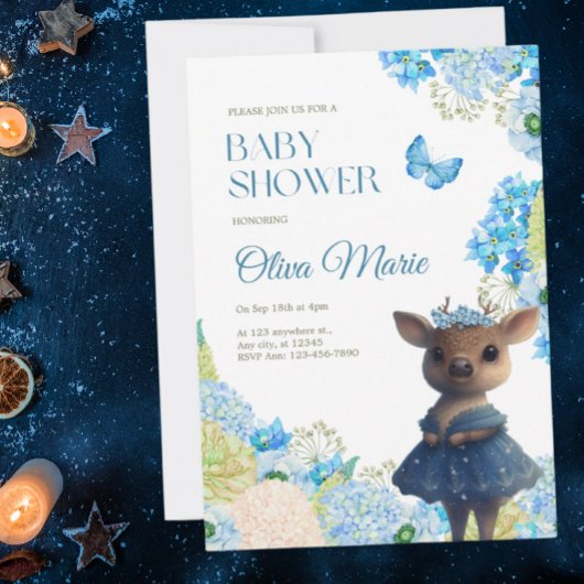 Invitation Bleu de cerf Baby shower floral
