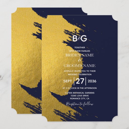 Invitation Bleu de Faux Gold & Bleu de marine avec Monogramme (Devant / Derrière)