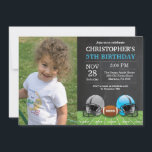 Invitation Bleu de fête d'anniversaire d'invitation<br><div class="desc">Invitation d'anniversaire du football avec la photo faite sur commande. Fête d'anniversaire. Invitation de fête d'anniversaire de garçon ou de fille. Coup orienté d'anniversaire de sport du football. Bleu et blanc. Arrière - plan de tableau. ęr Premier anniversaire. ęr 2ème 3ème 4ème 5ème 6ème 7ème 8ème 9ème 10ème 11ème 12ème...</div>