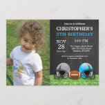 Invitation Bleu de fête d'anniversaire d'invitation<br><div class="desc">Invitation d'anniversaire du football avec la photo faite sur commande. Fête d'anniversaire. Invitation de fête d'anniversaire de garçon ou de fille. Coup orienté d'anniversaire de sport du football. Bleu et blanc. Arrière - plan de tableau. ęr Premier anniversaire. ęr 2ème 3ème 4ème 5ème 6ème 7ème 8ème 9ème 10ème 11ème 12ème...</div>