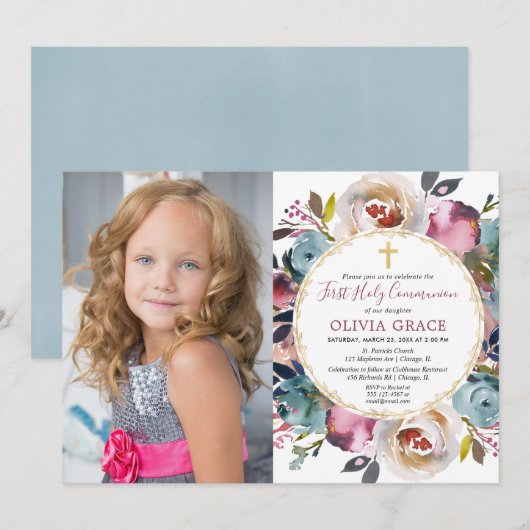 Invitation Bleu de la Marine bordeaux Première Sainte Communi (Devant / Derrière)