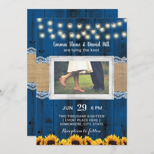 Invitation Bleu de la marine Fleurs de soleil Rustc Mariage P (Devant / Derrière)