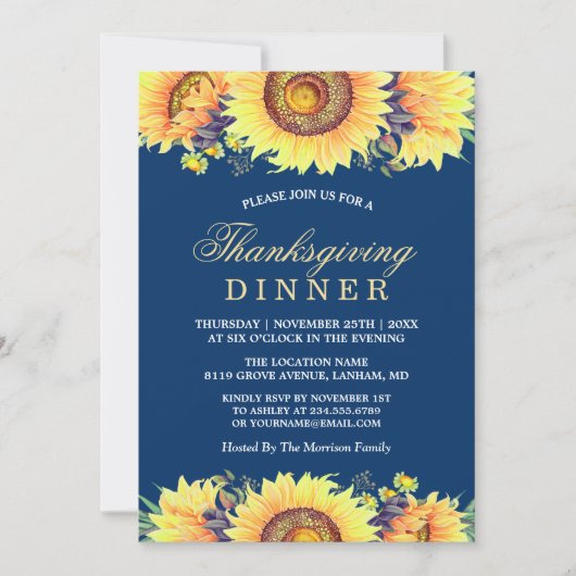 Invitation Bleu de la marine Fleurs de soleil rustiques Dîner (Devant)