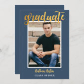 Invitation Bleu de la Marine Gold Script Photo Graduation Par (Devant / Derrière)