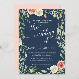 Invitation Bleu de la Marine n Blush Floral Mariage Feuille d