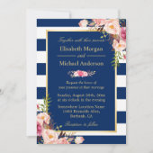 Invitation Bleu de la marine rayures florales | Mariage forme (Devant)