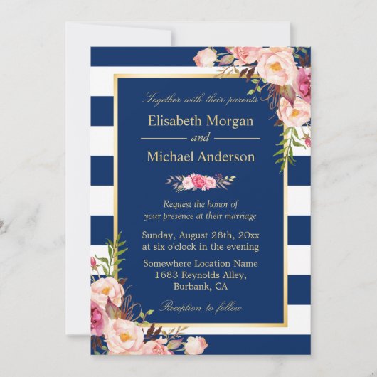 Invitation Bleu de la marine rayures florales | Mariage forme (Devant)