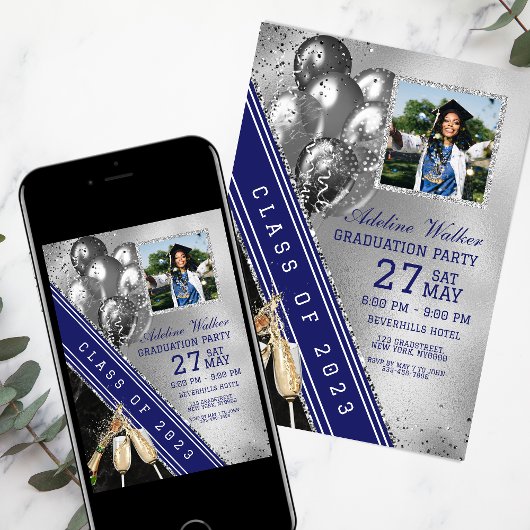 Invitation Bleu de la Marine Silver Photo Graduation Party In